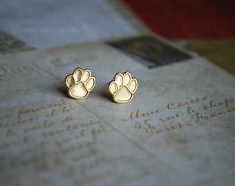Paw Print Studs -- Gold Paw Print Earrings, Brass Earrings