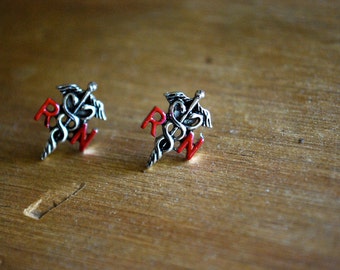 Nurse Caduceus Earrings -- Nurse Studs, RN Nurse Earrings, Red and Silver, RN Caduceus