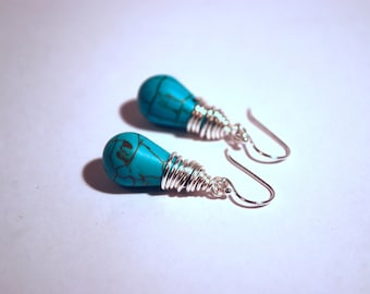 Turquoise Earrings -- Turquoise Teardrops, Silver Wire Wrapped, Silver