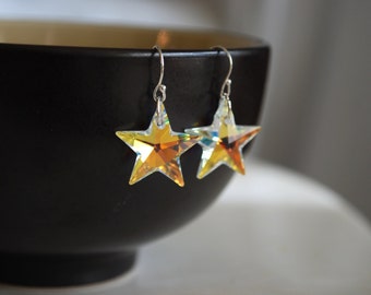 Swarovski Crystal Star Earrings -- Silver, Crystal Star Earrings, AB Swarovski Crystal Star Earrings