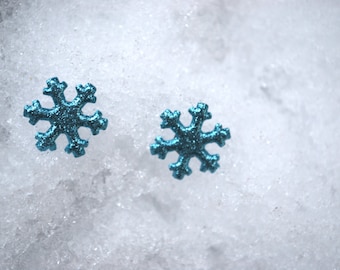 Snowflake Earrings -- Studs, Light Blue, Glittery, Silver