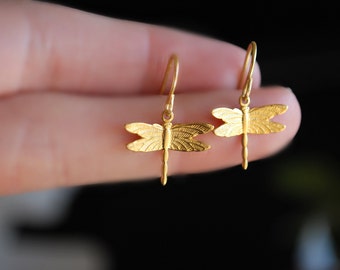 Gold Dragonfly Earrings -- Delicate Dragonflies, Brass, Gold