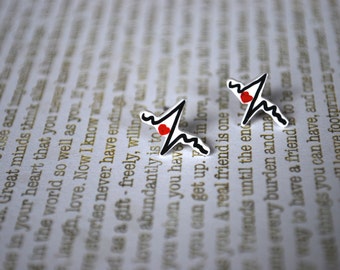 Heart Beat Earrings -- Studs, Black and Red Heart Beat, Nurse, Doctor