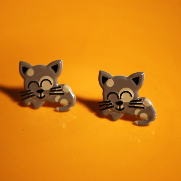 Kitty Cat Earrings -- Studs, Gray, Grey Cats, Silver