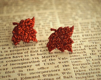 Leaf Studs -- Orange Leaf Earrings, Orange Leaf Studs, Glittery Leaves