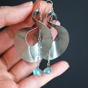 Silver Twist Earrings -- Blue Crystals, Make a Statement Earrings, Silver, Big Earrings