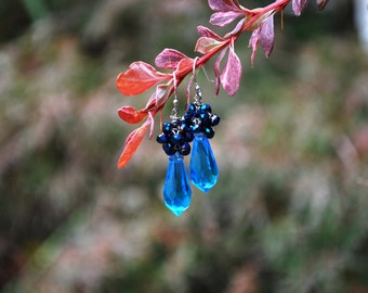 Blue Sapphire Earrings -- Sky Blue Multi-Faceted Teardrops, Sapphire Crystals, Silver