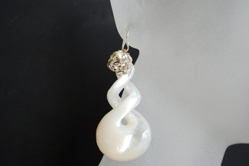 Bridal Mother of Pearl Twist Earrings Crystal Fireballs, Mother of Pearl Earrings, Silver Rhinestones, Sterling Silver Hooks image 1