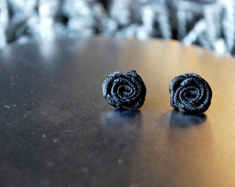 Black Rose Studs -- Earrings, Tiny Black Roses, Silver