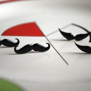 Mustache Earrings Studs, Black Mustaches, Silver, Moustache Studs image 1