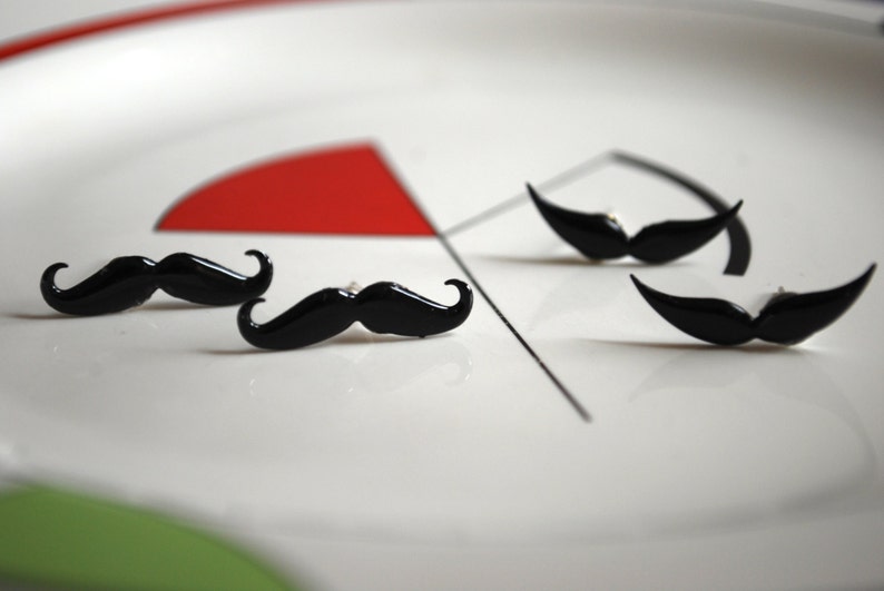 Mustache Earrings Studs, Black Mustaches, Silver, Moustache Studs image 1