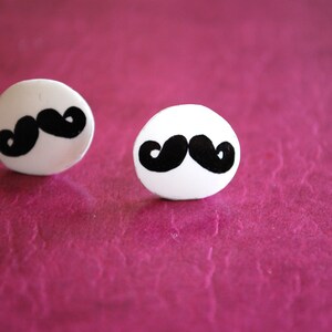 Mustache Studs Earrings, Black and White, Silver image 3