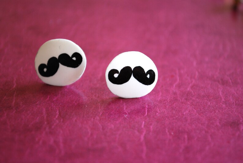 Mustache Studs Earrings, Black and White, Silver image 3