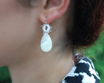 Lace Earrings -- White Teardrop Shells, White lace, Silver