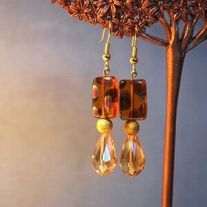 Gold Crystal Earrings -- Bronze Polkadotted Rectangle Glass, Apricot Crystal Teardrops, Gold Beads
