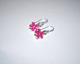 Pink Flower Earrings -- Little Pink Daisies, Tiny Crystals, Silver