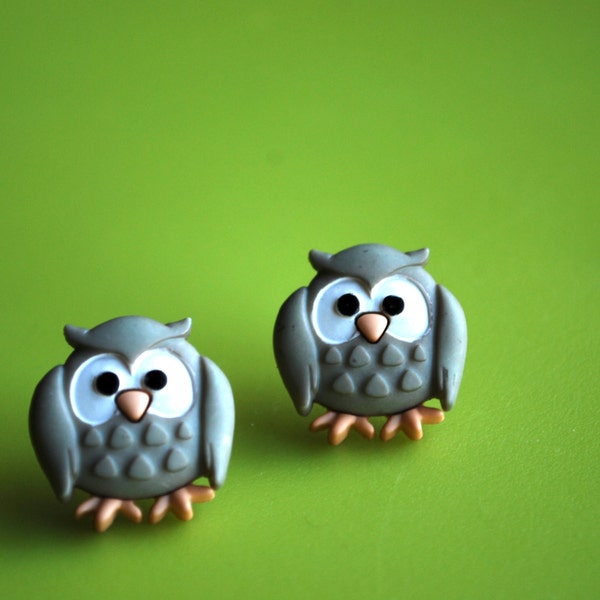 Gray Owl Earrings -- Studs, Grey Owls, Silver