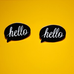 Hello Earrings -- Word Cloud Earrings, Word Bubble Earrings, Hello Studs, Hello Earring, Black & White image 1