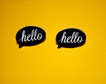 Hello Earrings -- Word Cloud Earrings, Word Bubble Earrings, Hello Studs, Hello Earring, Black & White