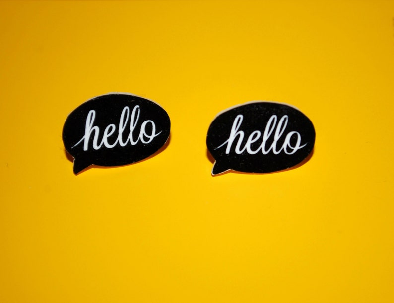 Hello Earrings -- Word Cloud Earrings, Word Bubble Earrings, Hello Studs, Hello Earring, Black & White image 1