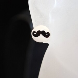 Mustache Studs Earrings, Black and White, Silver image 2