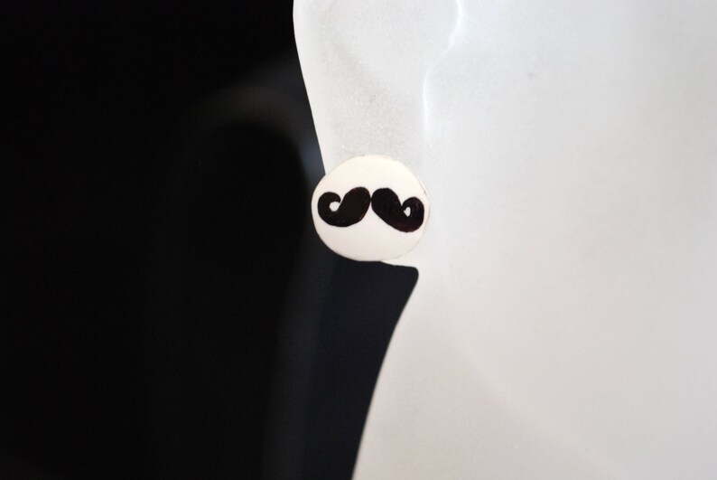 Mustache Studs Earrings, Black and White, Silver image 2