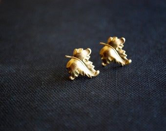 Gold Leaf Studs -- Earrings, Detailed Brass Leaves, Gold