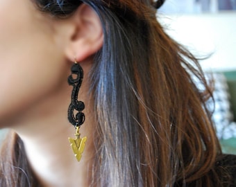 Lace Earrings -- Black Lace, Gold Arrows, Black and Gold, Intricate, Tribal