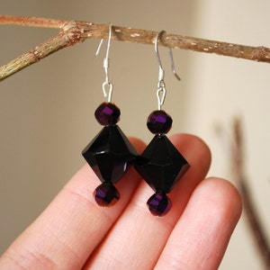 Black Crystal Earrings Purple and Black Earrings, Purple Crystals, Silver, Dangly Earrings, Little Black Dress image 3