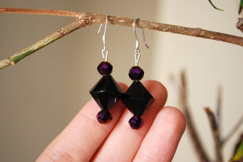 Black Crystal Earrings Purple and Black Earrings, Purple Crystals, Silver, Dangly Earrings, Little Black Dress image 3