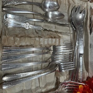 May include: A collection of silver-toned flatware including spoons, forks, and a serving utensil with decorative embossed handles. The pieces are arranged in a lined storage case with a fabric interior, featuring intricate patterns on the metal.