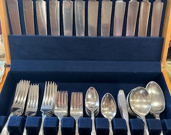 1847 Rogers Ambassador Silverplate Flatware Set: Monogrammed "R" 63 Pieces