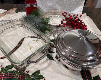 Vintage Silverplate Serving Set with Pyrex Inserts | Sheffield, F.B. Rogers Casserole and Other Holder