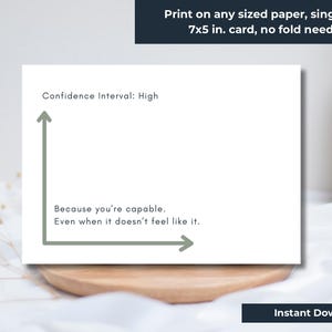 Puede incluir: Una tarjeta blanca con texto y un gráfico, con las frases "Intervalo de confianza: Alto" y "Porque eres capaz. Incluso cuando no lo sientes así." La tarjeta mide 17,78 x 12,7 cm y está diseñada para impresión a una cara.