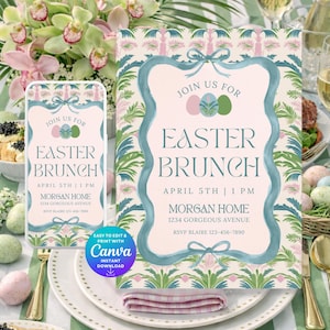 Puede incluir: Una invitación para un brunch de Pascua con un diseño floral. La invitación presenta el texto "Join Us For Easter Brunch" y los detalles del evento. Una pantalla de teléfono a juego muestra el mismo diseño. El logotipo de Canva también es visible.