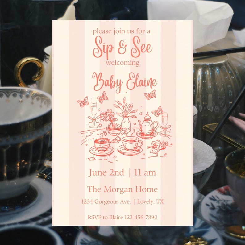 Tea Party Sip and See Invitation Template, Hand Drawn Coral Pink Stripe ...