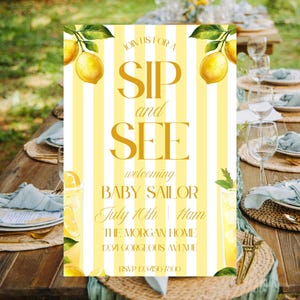 Italian Lemonade Sip and See Invitation, Lemon Yellow Stripe Amalfi Baby Welcome Invite, Editable Canva Printable Brunch Template