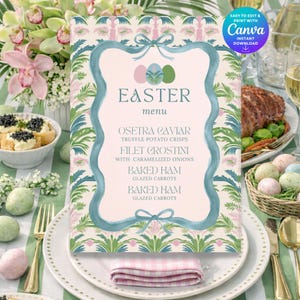 Easter Brunch Menu Grandmillennial Pattern, Preppy Pastel Cabana Stripes Green and Pink, Editable Canva Instant Download