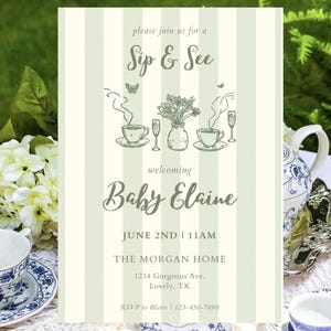 Sage Green Sip and See Invitation Template, Tea Brunch Baby Welcome Invite, Hand Drawn Editable Canva Printable, Gender Neutral