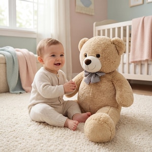 Pode incluir: Um bebê sorridente está sentado em um tapete branco ao lado de um grande urso de pelúcia. O urso é marrom claro com um nariz marrom escuro e uma gravata borboleta xadrez. O bebê usa um cardigã e calças claras.