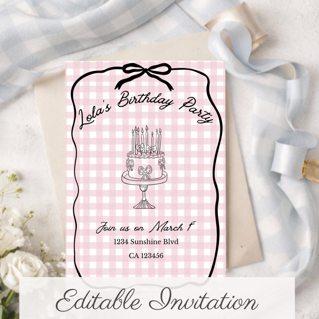 Pink Gingham Birthday Invitation | Editable Kids First Party Invite ...