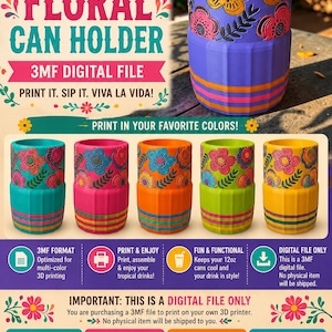May include: A 3MF digital file for a cylindrical can holder featuring a relief floral pattern on the top section and horizontal stripes on the bottom. The design is shown in various color combinations including purple, teal, pink, orange, and yellow.