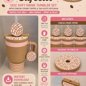 May include: A digital 3MF file set titled Concha & Cafecito for a 12oz soft drink tumbler, featuring a concha-shaped straw topper, a Talavera-textured lid, and a tab assist keychain. The design includes pink and brown colours with bread patterns.