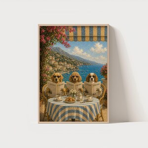 Dog Cafe Wall Art, Mediterranean Newspaper Dogs Poster, Funny Coastal Pet Print, Italian Summer La Dolce Vita Download
