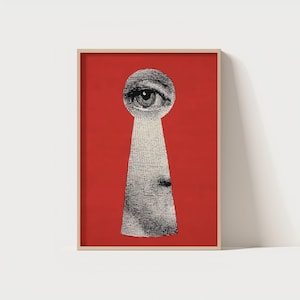 May include: A framed art print featuring a keyhole design with a red background. The keyhole shape is filled with a black and white image of an eye and part of a face. The artwork is in a wooden frame.