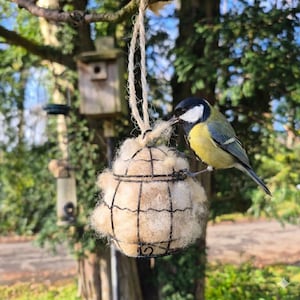 May include: A great tit bird perched on a spherical black wire cage filled with light beige nesting material. The cage is suspended by a thick jute twine loop, allowing the bird to pull out fibers for nest building in a natural outdoor setting.