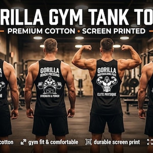 May include: Black Gorilla Gym tank tops with various weightlifting designs. The text on the shirts includes "Lifting Dumbbells", "Bench Pressing", "Bodybuilding Pose", and "Powerlifting". The image also displays the text "Gorilla Gym Tank Tops" and "Premium Cotton Screen Printed".