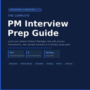 Op de afbeelding: Een donkerblauwe afbeelding met de tekst "PM Interview Prep Guide". De gids bevat secties over gedragsgerichte vragen, het STAR-framework en een studieplan van 30 dagen. Het bevat ook interviewvragen en kernframeworks.