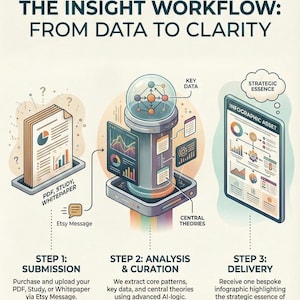 May include: An infographic illustrating a three-step workflow: submission, analysis & curation, and delivery. The graphic includes a document, a data analysis machine, and a tablet displaying an infographic. Text includes "The Insight Workflow: From Data to Clarity."