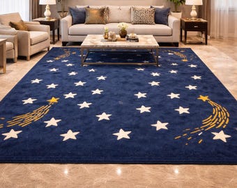 Blauwe ster tapijt, celestial kinderkamertapijt, vallende stertapijt, kinderkamertapijt, marineblauw esthetisch tapijt, zacht vloerkleed